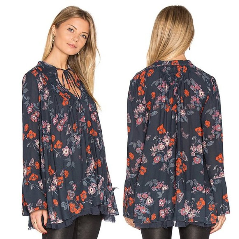 Free People Blue Pebble Crepe Bouse - Boho - XS - Picture 2 of 16